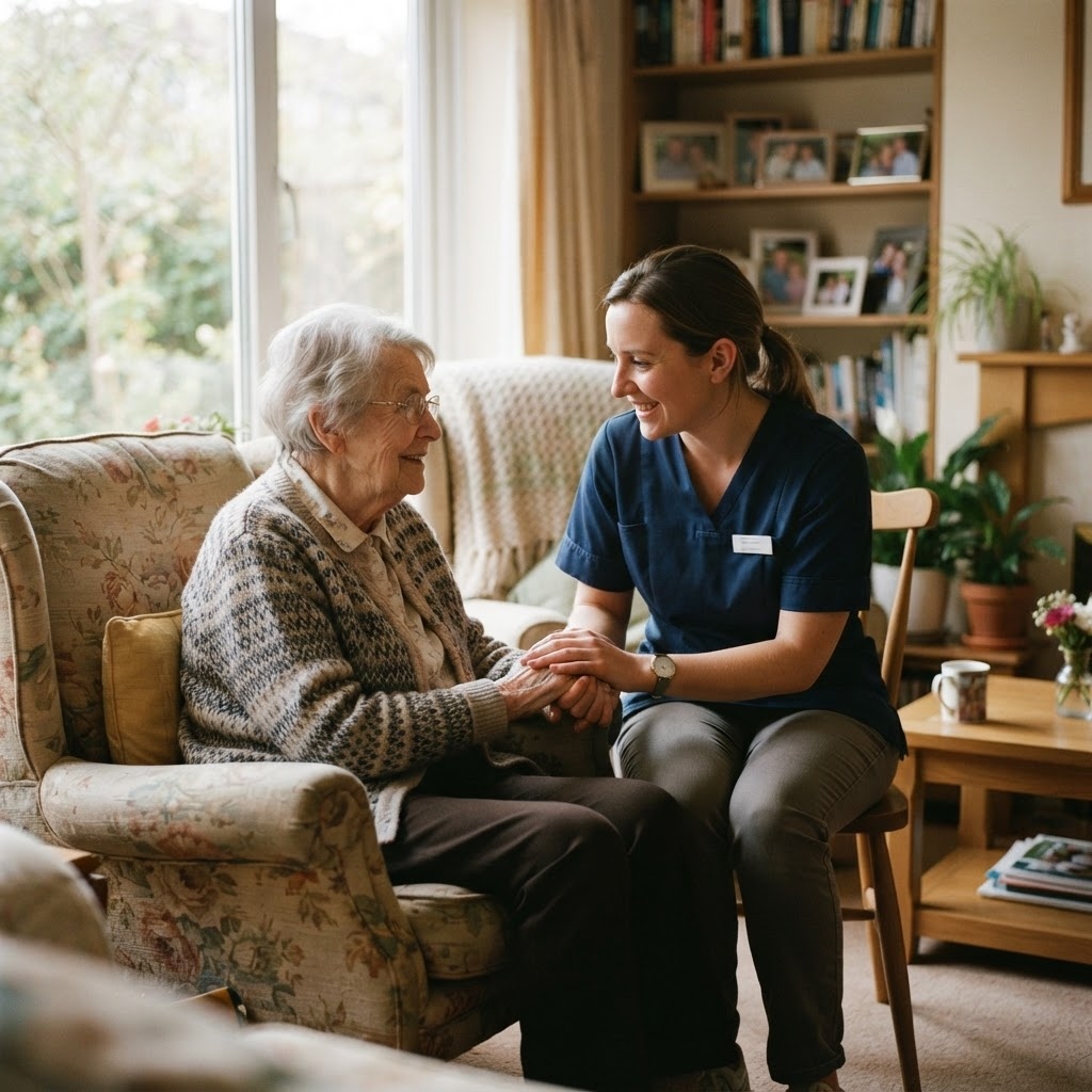 A home care nurse having a warm conversation with an elderly client